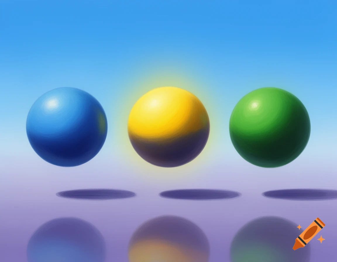Three blue, yellow, and green spheres float above a reflective purple surface under a blue sky, demonstrating tint and shade.
