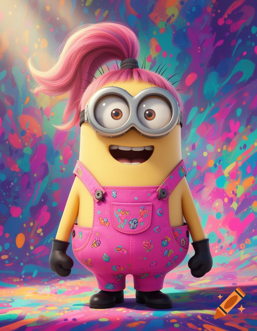 A cheerful Minion character with pink hair in a pigtail, wearing pink overalls, stands against a vibrant, colorful, abstract background.