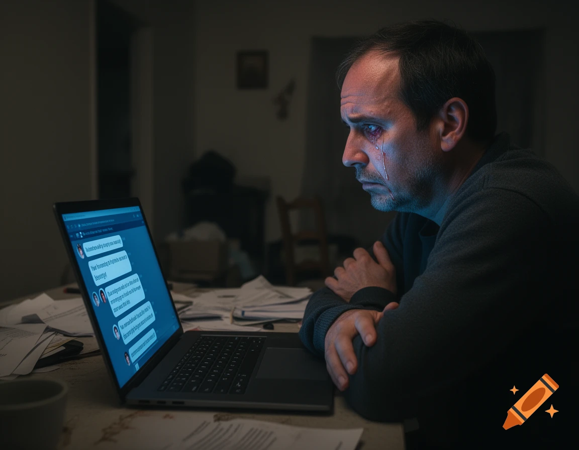 A man with red, tearful eyes looks sadly at a laptop screen showing chat messages in a dimly lit room.
