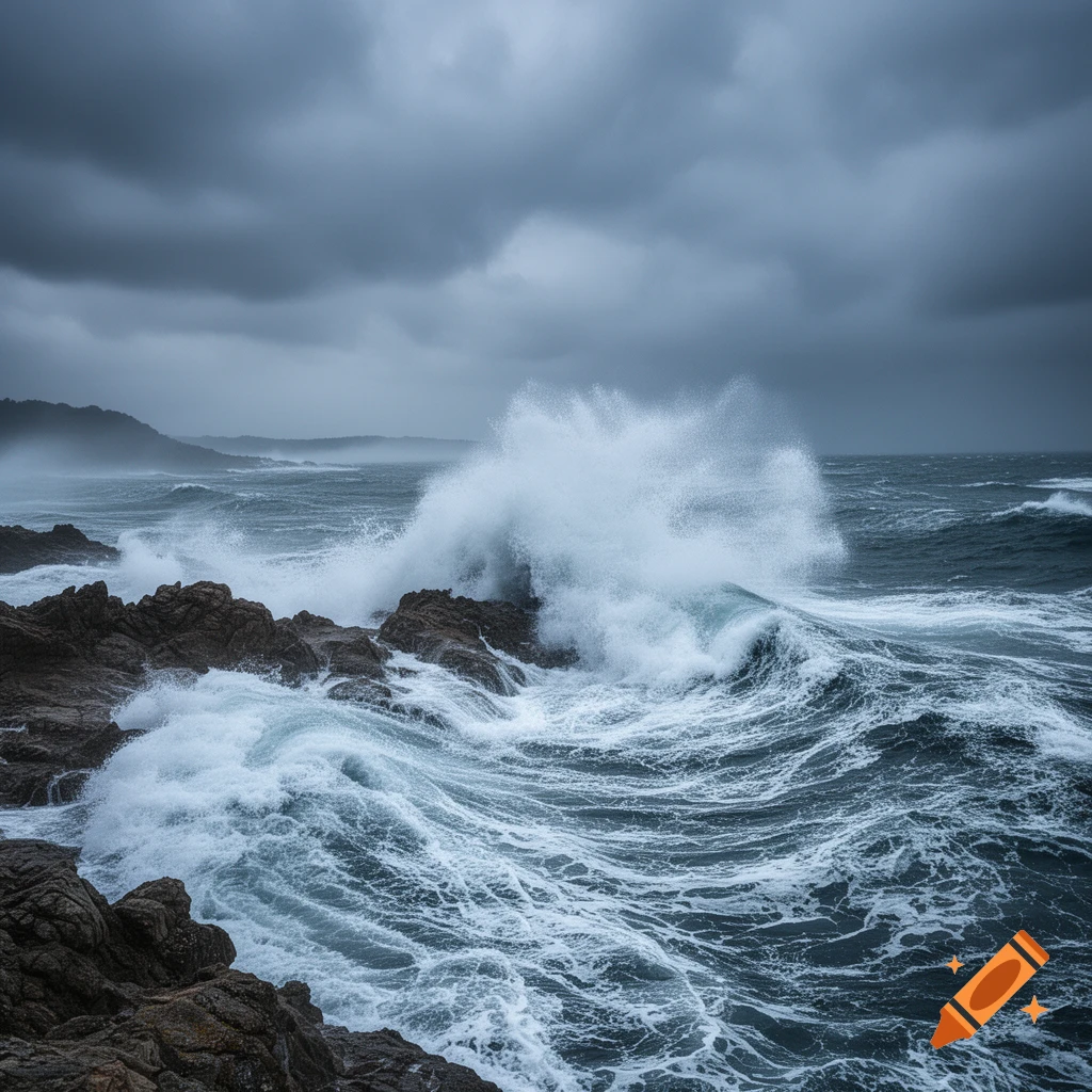 Large waves crash against dark rocks under a stormy, cloudy sky in a photorealistic sea landscape.