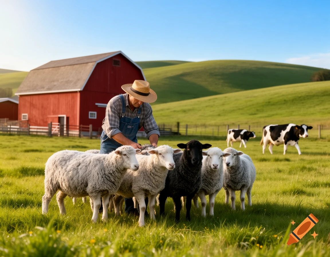 A farmer in a straw hat tends to a flock of sheep, including a black sheep, in a green field with a red barn and cows in the background.