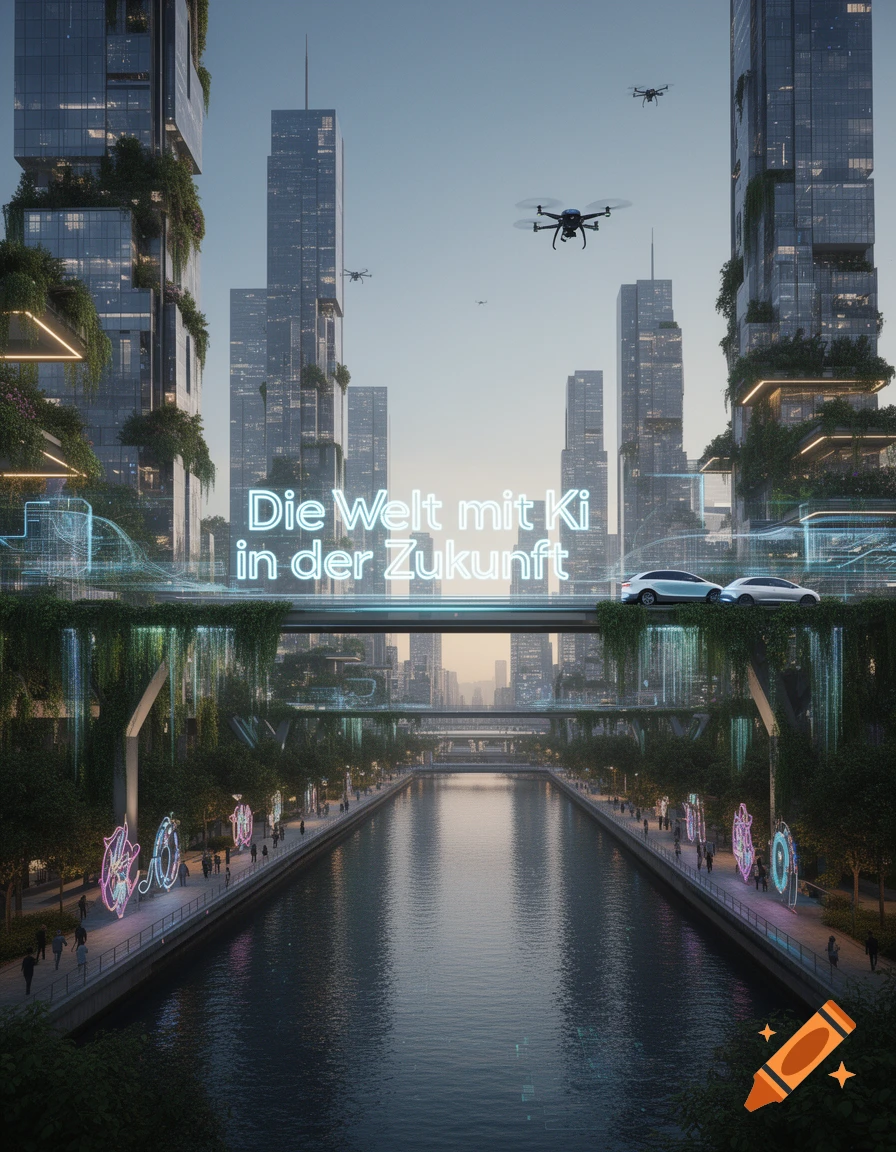 Photorealistic futuristic city with lush green skyscrapers, a river, flying drones, and cars on a bridge, illuminated by neon text.