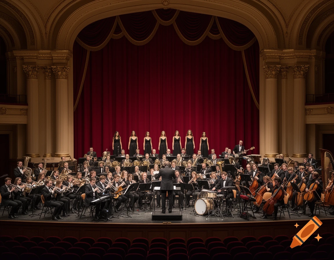 A large orchestra and a choir perform on a grand stage in a concert hall with red curtains and ornate columns.