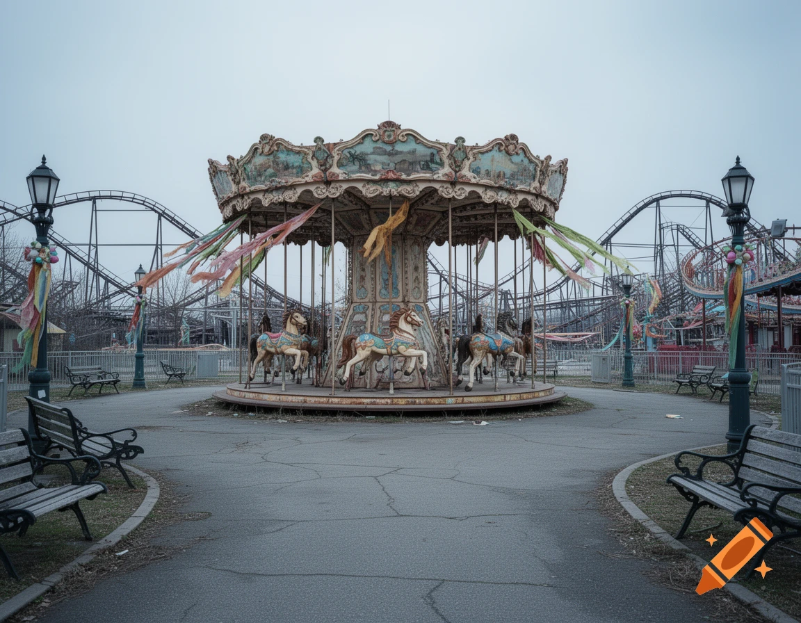 A deserted amusement park with a weathered carousel and roller coaster tracks under a grey sky, evoking a lonely atmosphere.