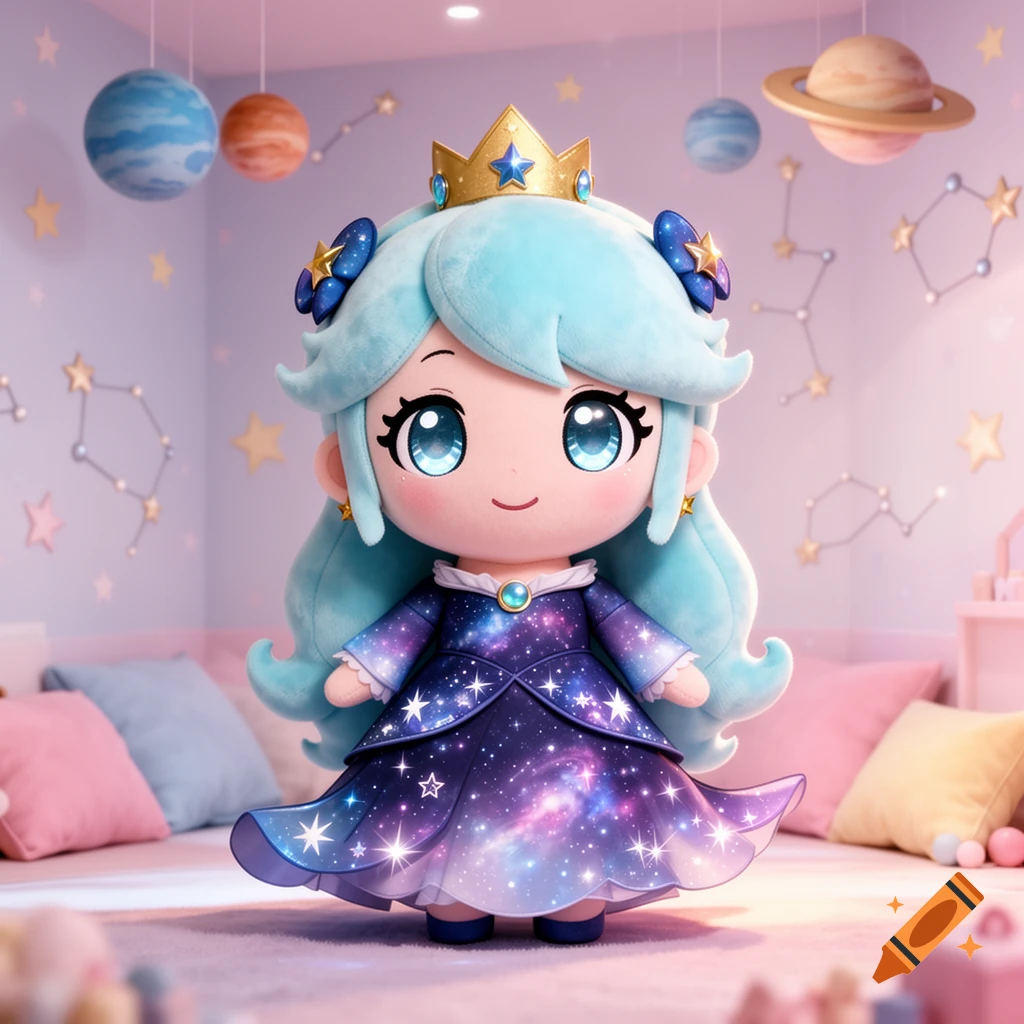 A super cute chibi doll with light blue hair, a gold crown, and a galaxy-print dress in a kawaii playroom with planets and stars.