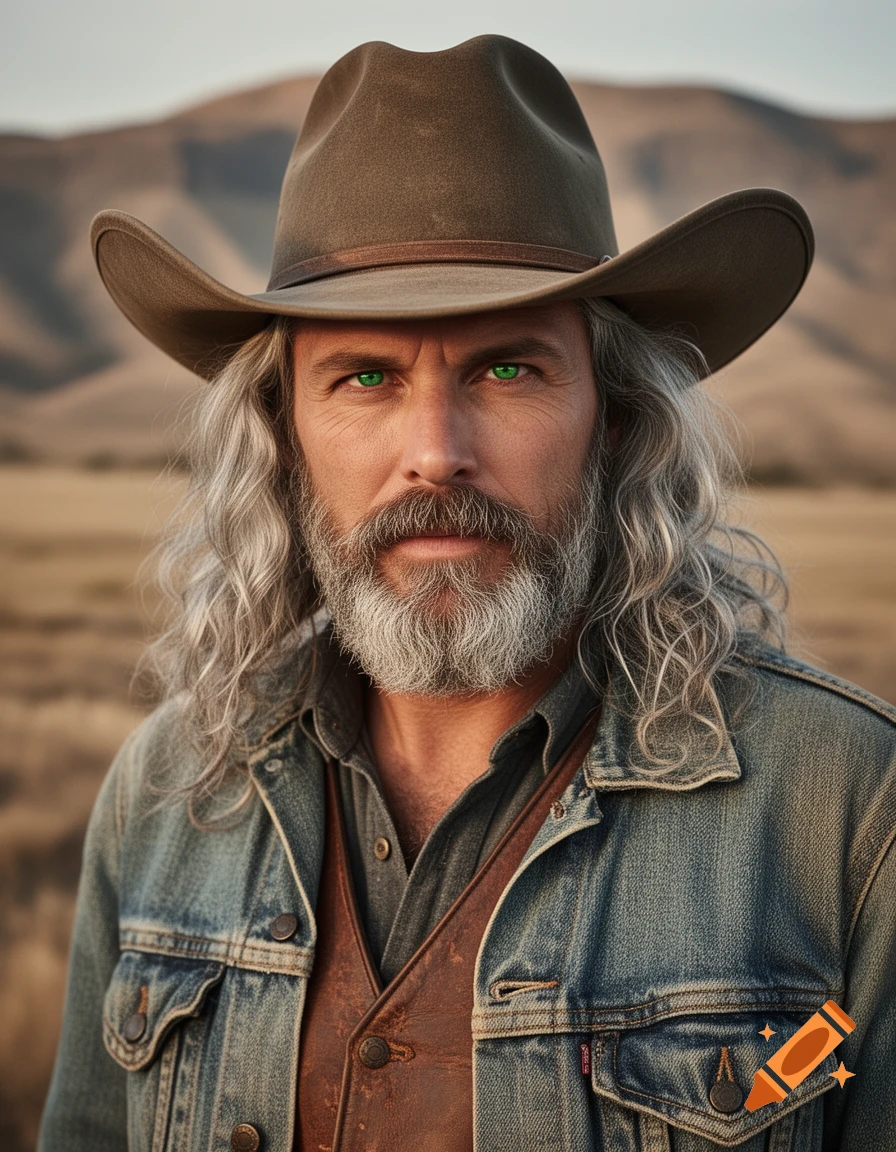 A rugged man with long gray hair and beard wearing a cowboy hat and denim jacket, with striking green eyes against a desert background.