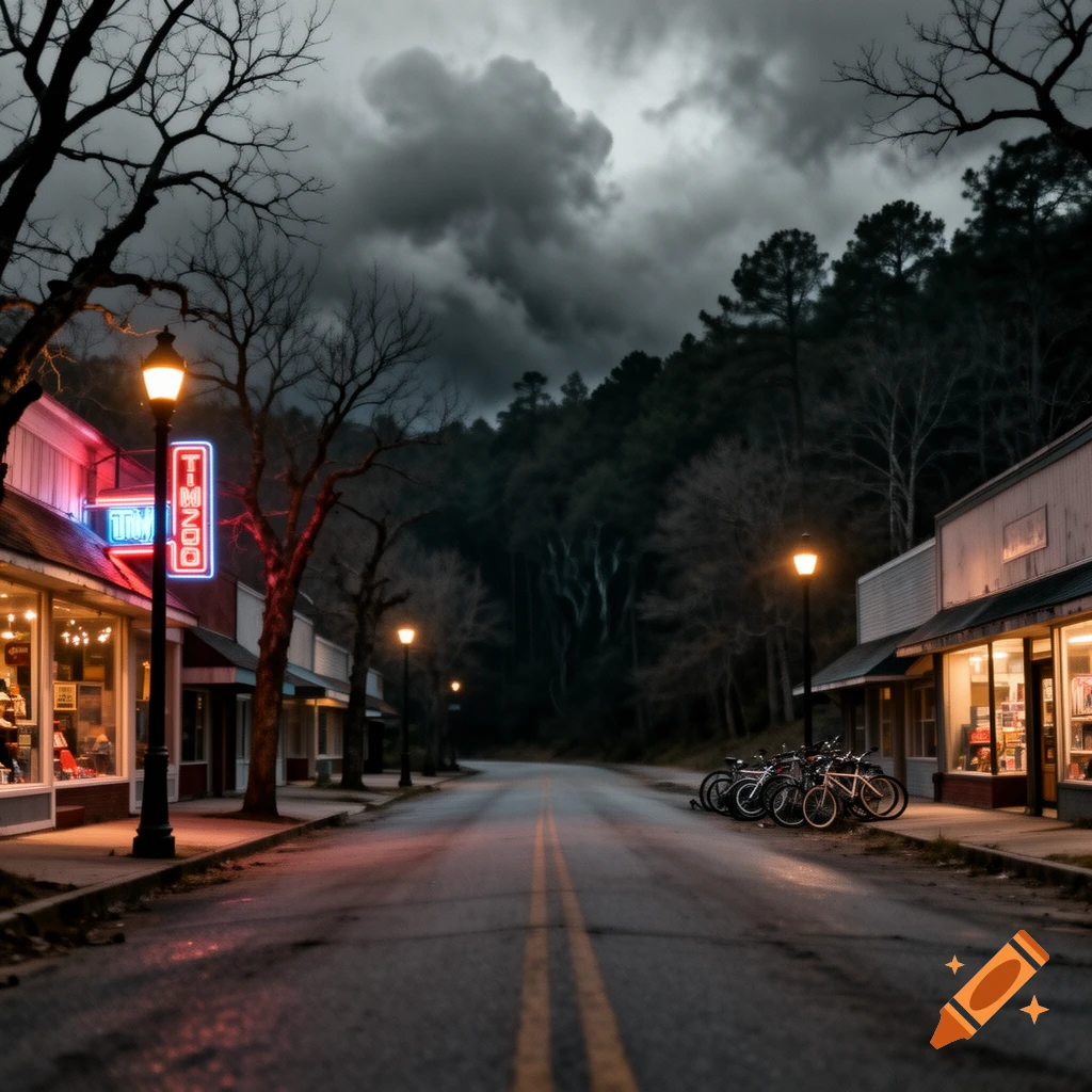 A dark, empty street at dusk, lined with bare trees, illuminated buildings, and streetlights under a stormy sky. Bicycles are parked on the right.