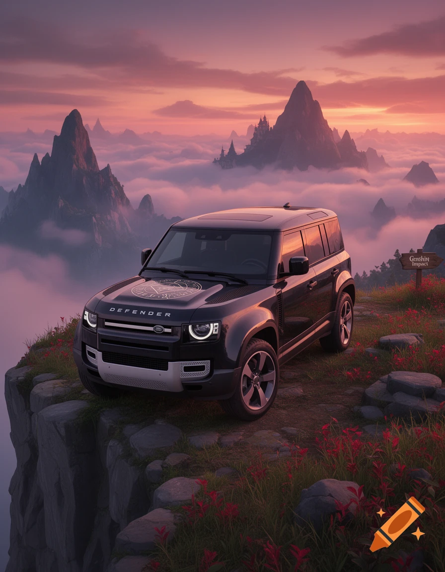 A black Land Rover Defender parked on a rocky cliff edge, overlooking a vast mountain range with pink and purple clouds at sunset. A sign points to "Genshin Impact".