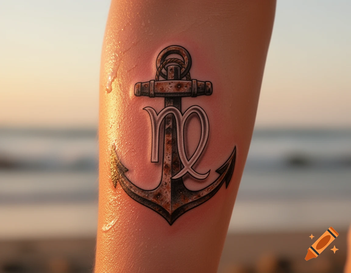 Photorealistic tattoo of a rusty anchor with the Virgo astrological symbol on an arm with water droplets, against a beach sunset.