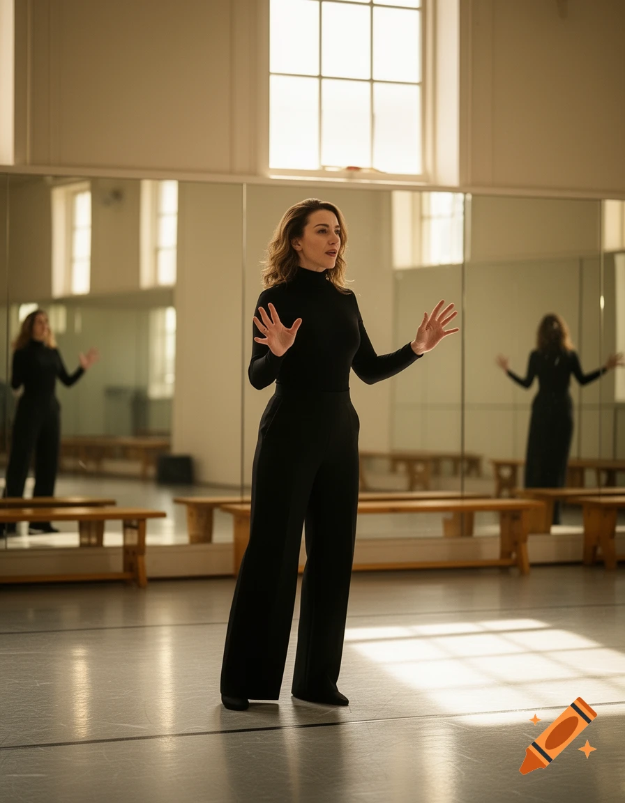 Woman in black turtleneck and pants standing in a bright studio with mirrors, gesturing with open hands.