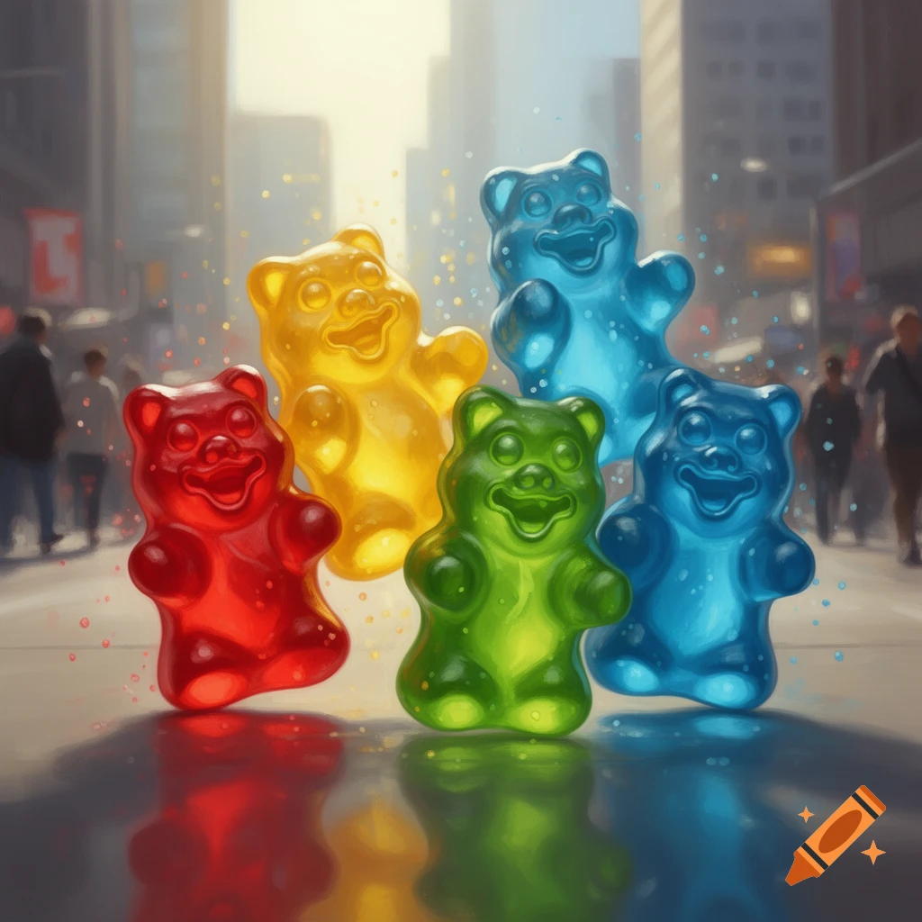 Five colorful gummy bears (red, yellow, green, light blue, dark blue) stand on a reflective city street with blurred buildings in the background.
