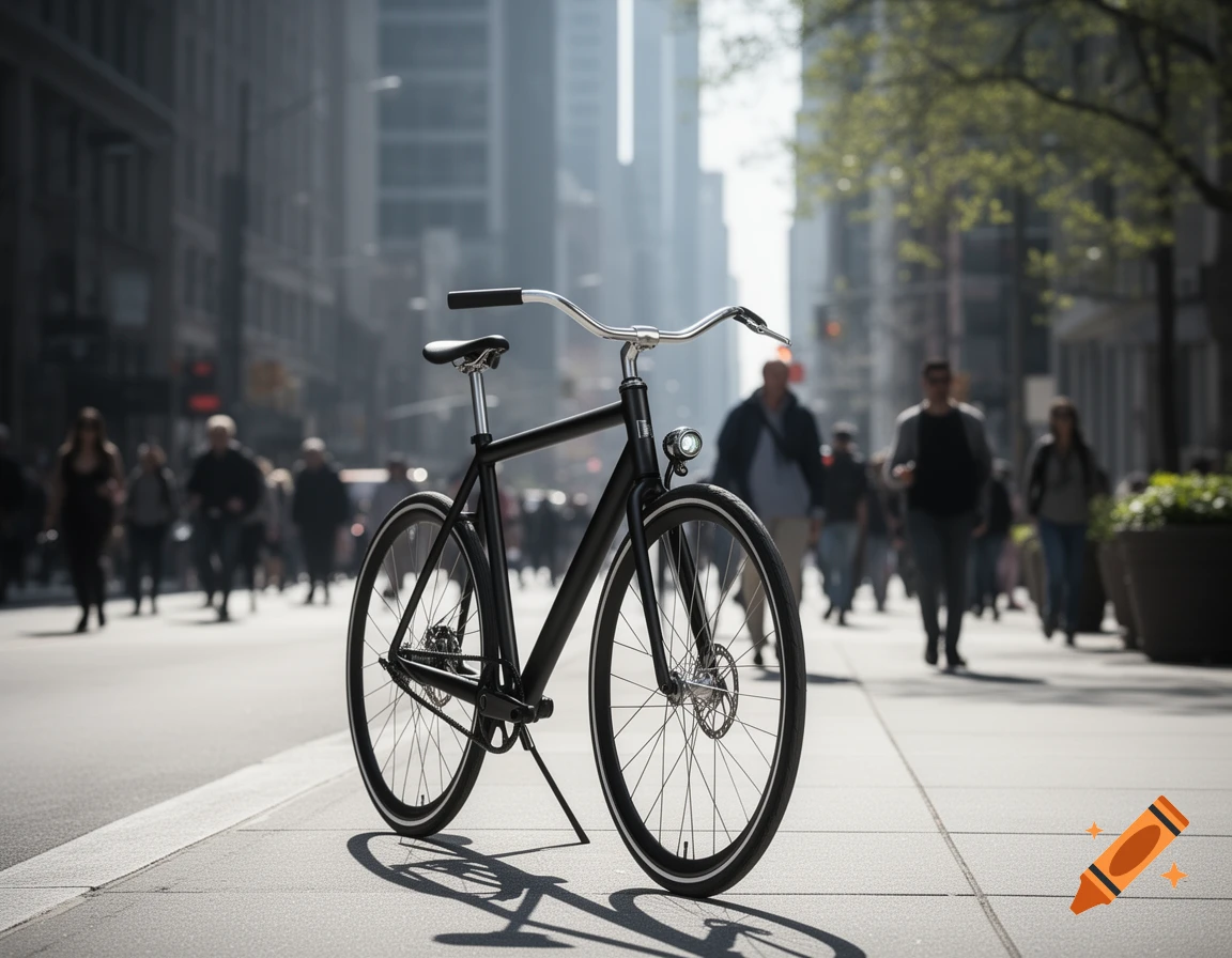 A black bicycle with white-walled tires stands on a city sidewalk with blurred pedestrians and tall buildings in the background.