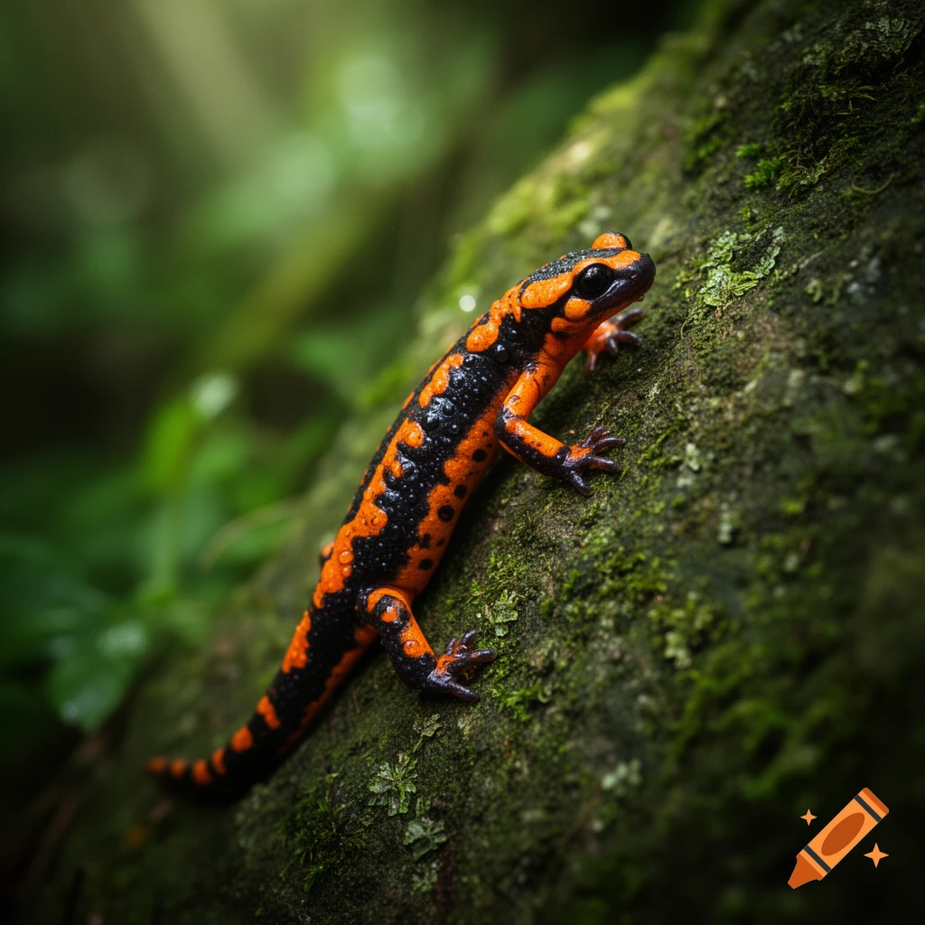 A close-up, photorealistic shot of an orange and black salamander with water droplets on a mossy tree trunk.