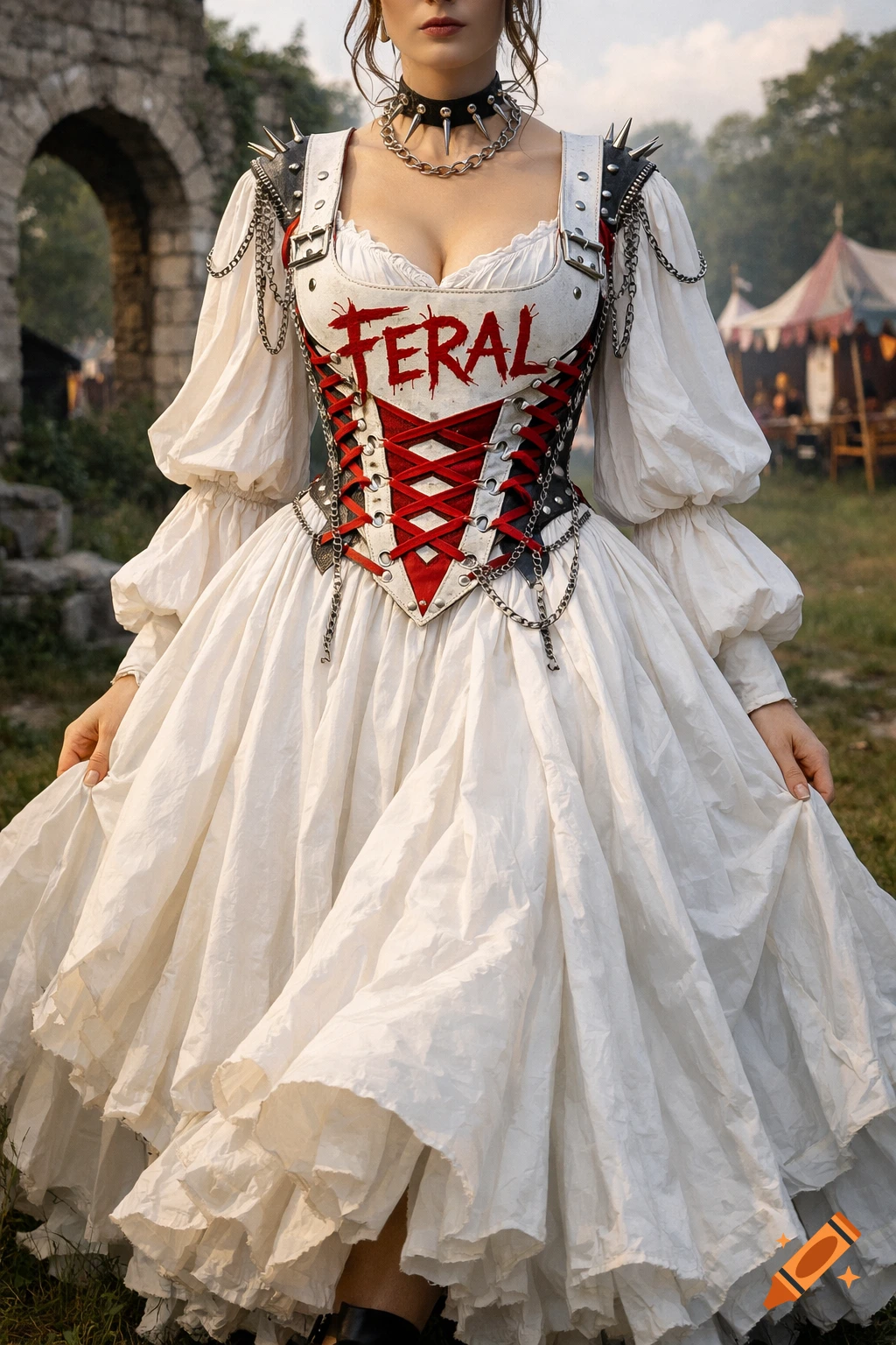 A woman in a white medieval punk dress with a red and white 'FERAL' corset, spiked shoulder pads, and a choker, standing outdoors near ruins.