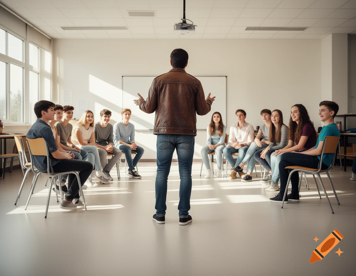 A man, seen from behind, gestures while addressing a group of teenagers sitting in a semicircle in a bright classroom.