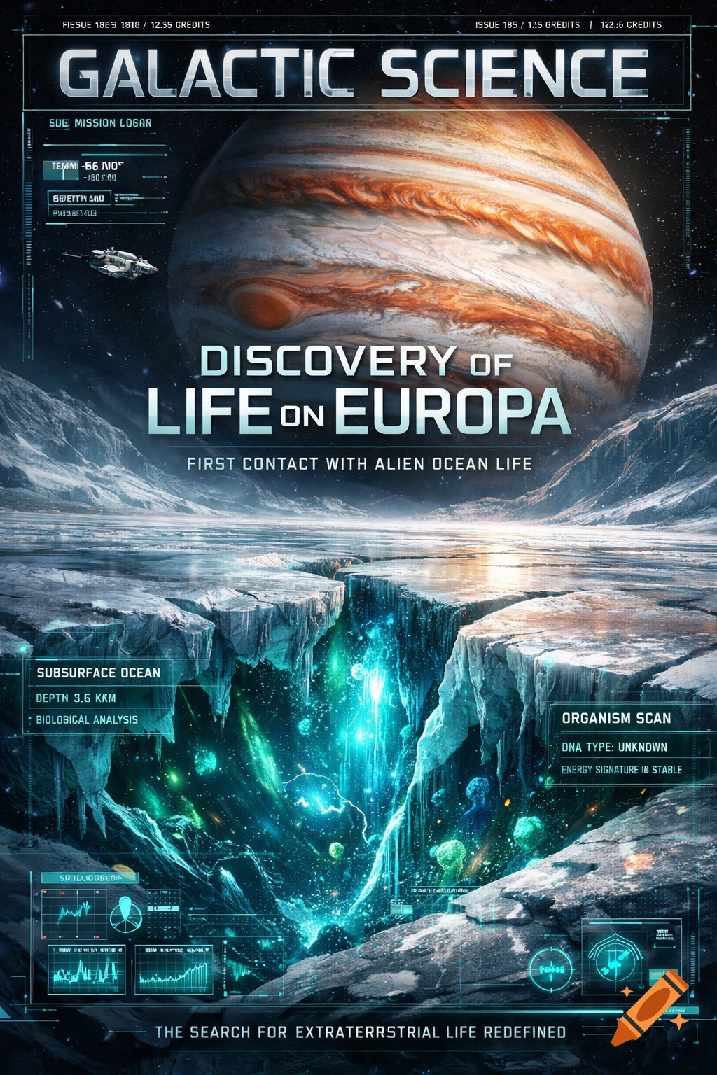 A futuristic magazine cover titled "Galactic Science" showing Jupiter in the background and a cracked icy surface of Europa revealing a glowing bioluminescent subsurface ocean. Scientific data overlays and UI elements are integrated into the design.