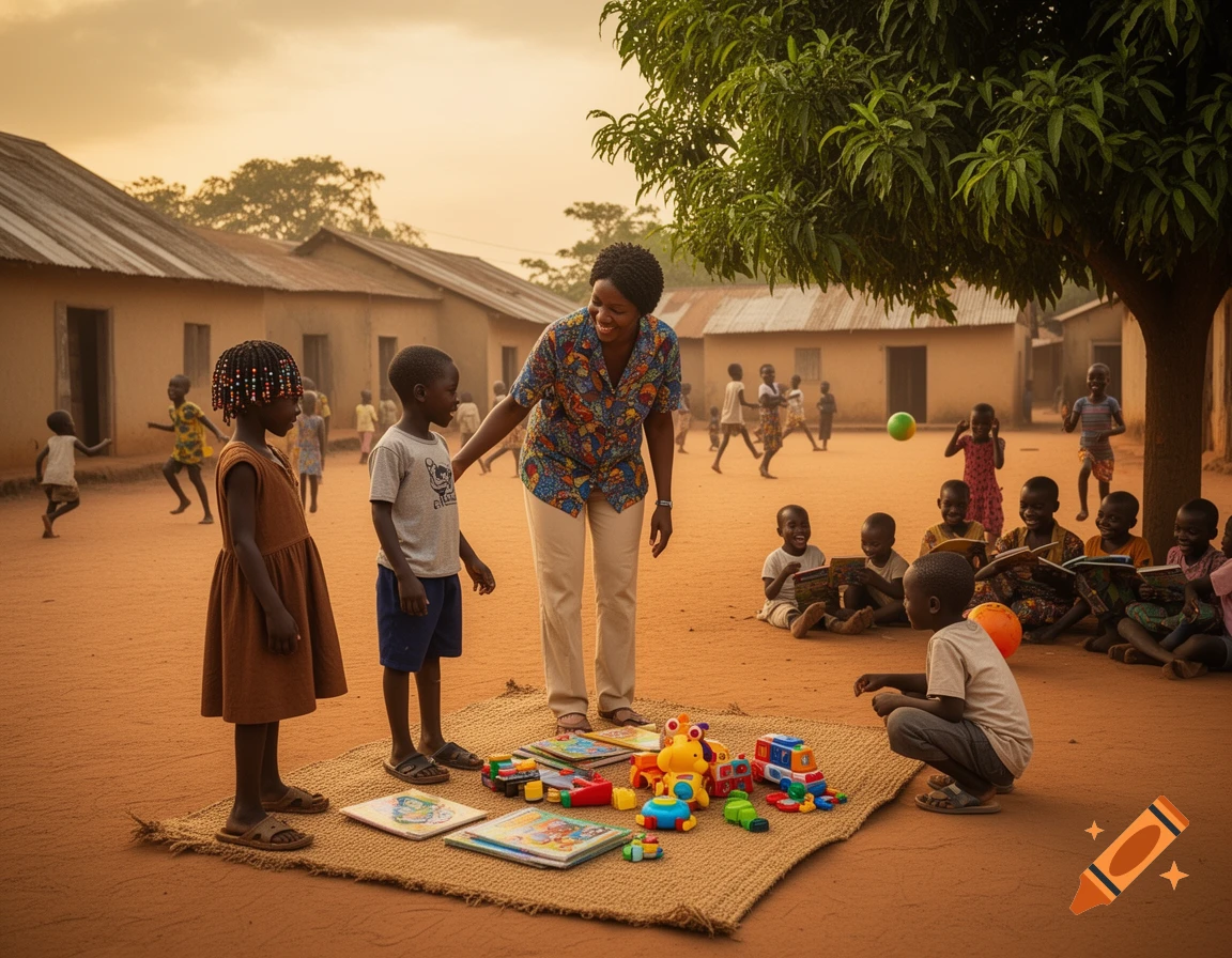 An African teacher with children, some looking at toys and books on a mat, others playing in a dusty village.