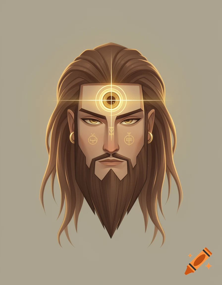 Stylized male character with long brown hair, beard, glowing third eye, and golden mystical symbols on face against a simple background.