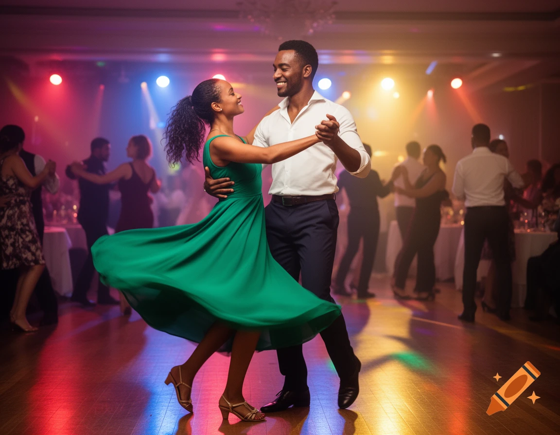 Smiling couple dancing in a vibrant ballroom under colorful stage lights, with other blurred dancers in the background.
