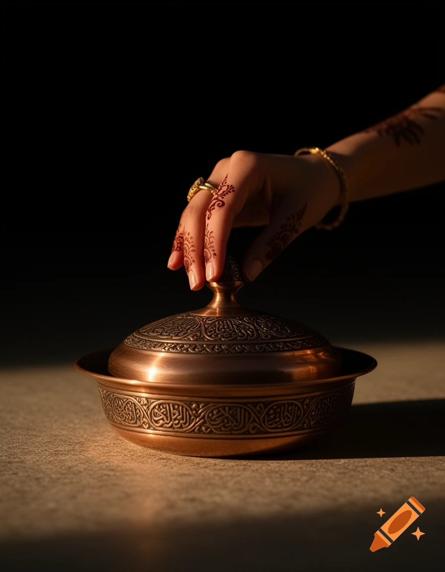 A hand with subtle henna designs and gold jewelry gently lifts the lid of an intricately engraved traditional Arabic bronze dish, lit by golden sunlight.