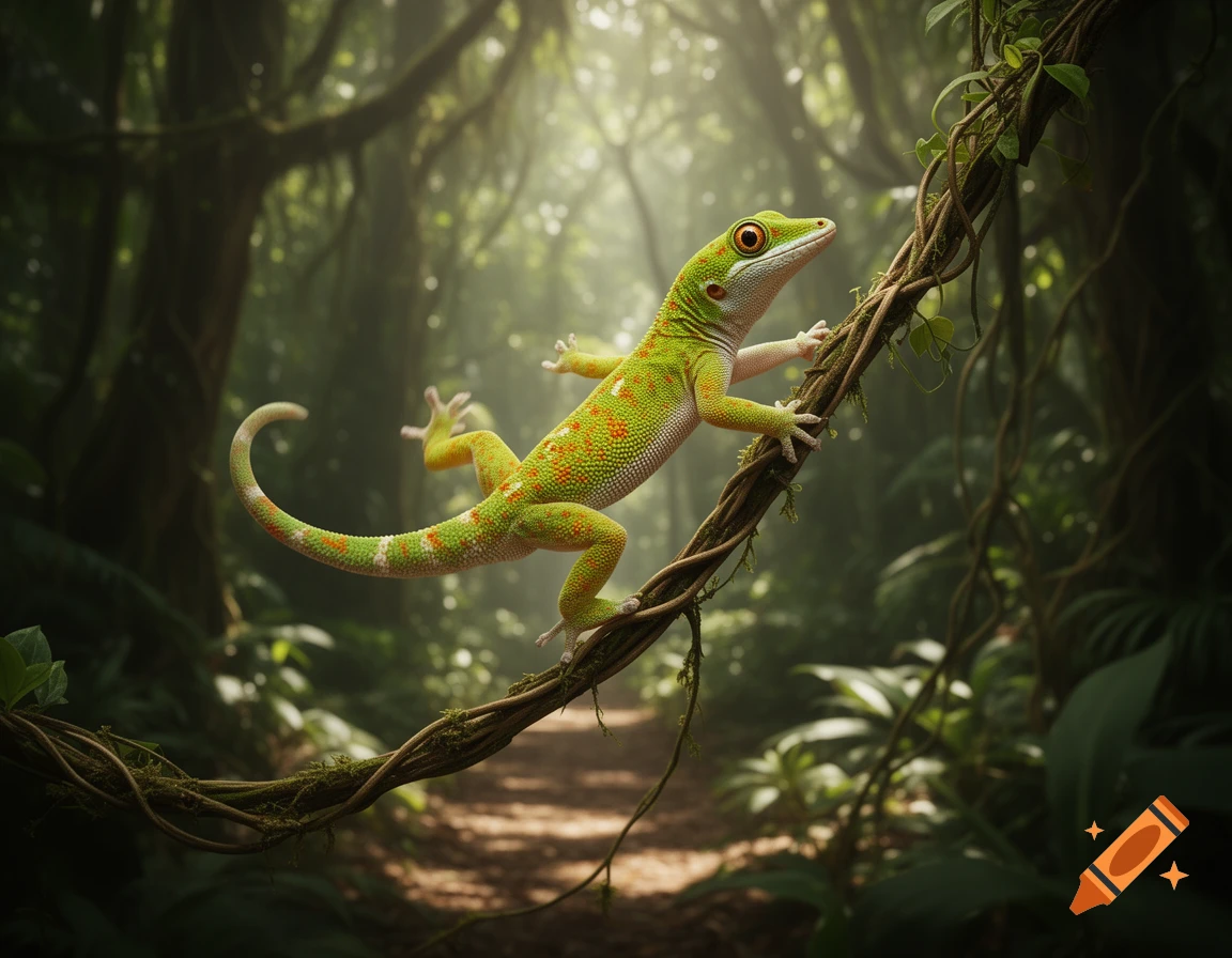 A vibrant green gecko with orange spots climbs a winding vine in a sunlit, misty jungle.