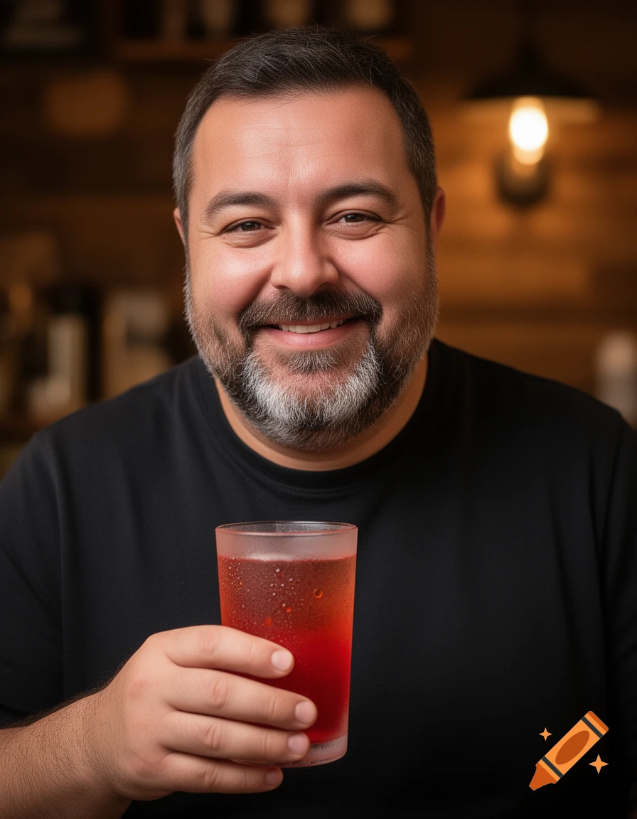 A smiling bearded man in a black shirt holds a glass with a red drink.