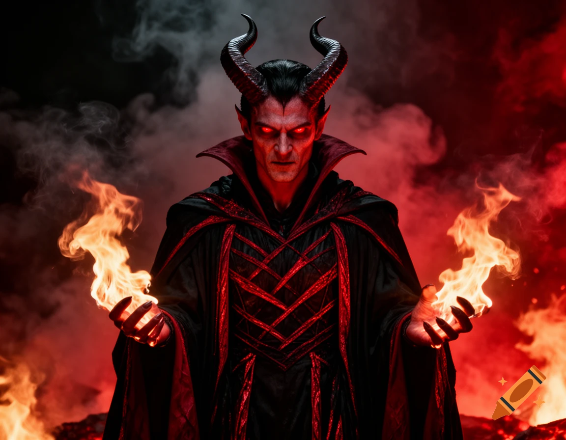 A demonic figure with horns, red eyes, and black and red robes holds fire, against a fiery, smoky background.