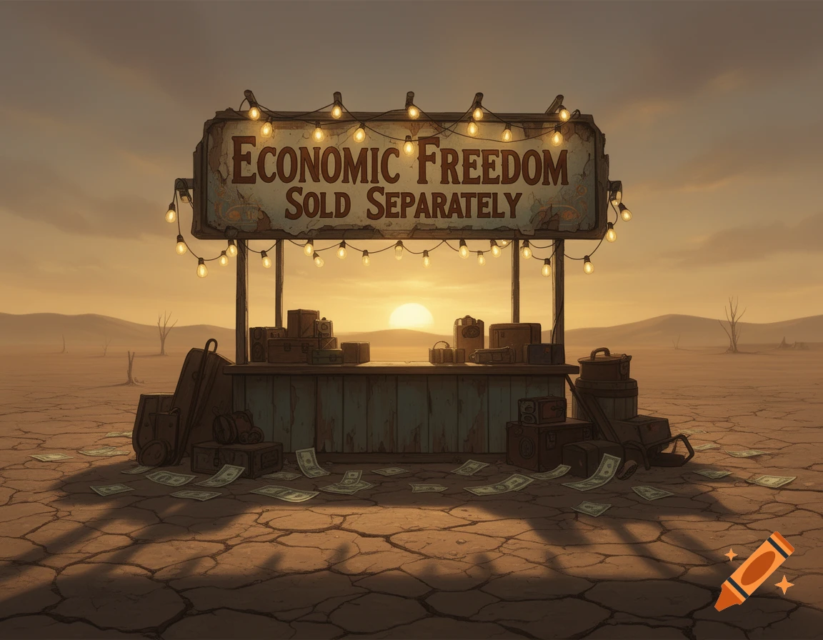 A desolate cracked desert landscape at sunset with a wooden stand selling 'ECONOMIC FREEDOM SOLD SEPARATELY', surrounded by scattered money and old luggage.