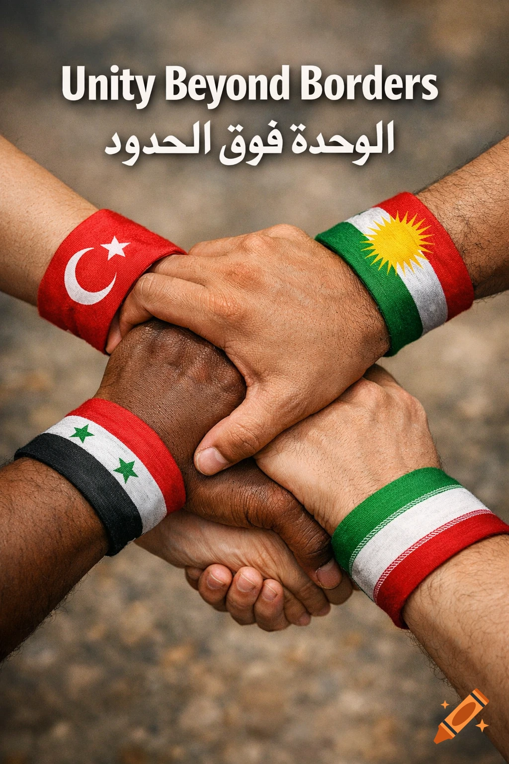Four diverse hands interlocked, wearing wristbands with flags of Turkey, Kurdistan, Syria, and Iran. Text reads 'Unity Beyond Borders' in English and Arabic.