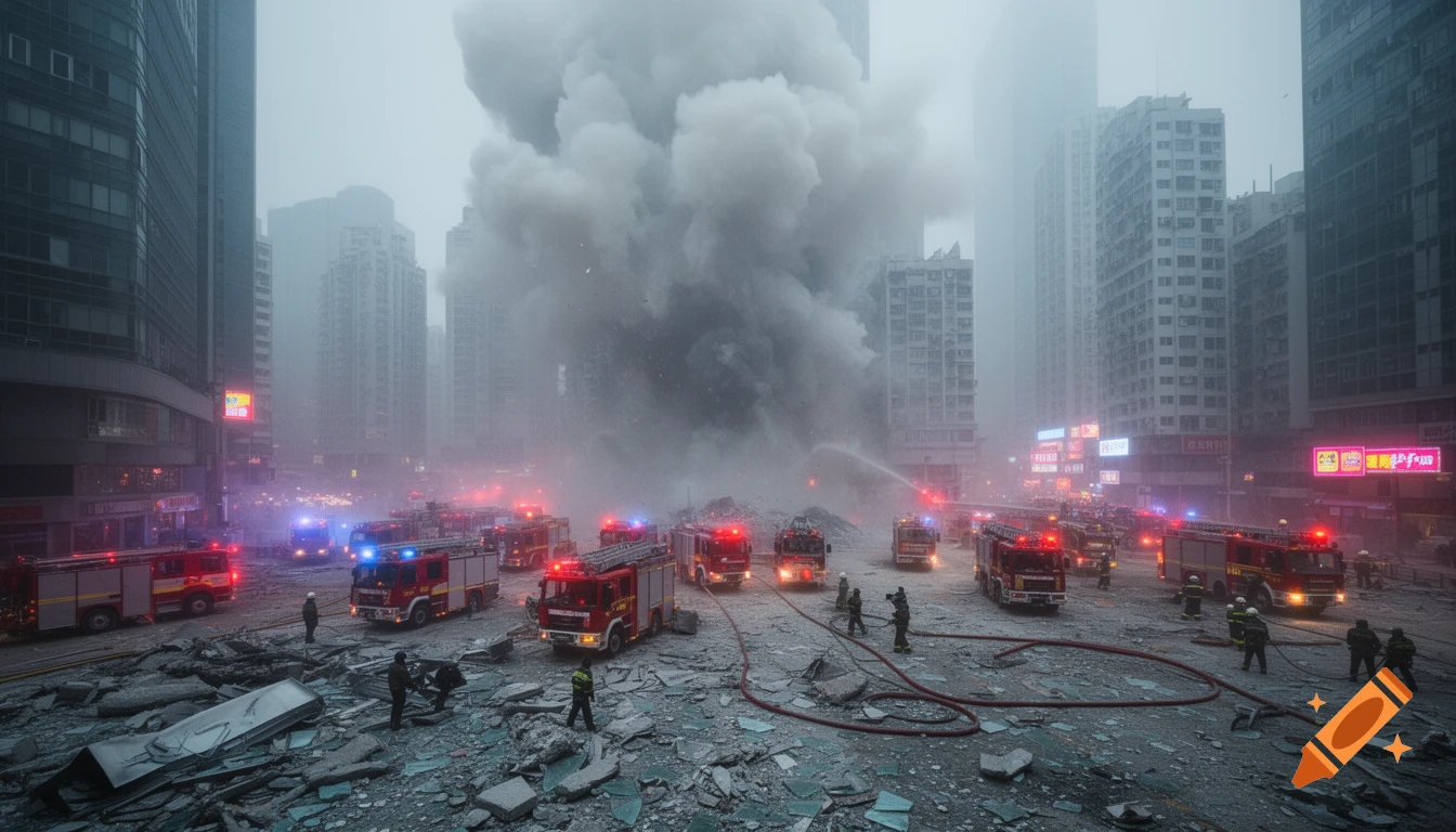 Numerous fire trucks and emergency personnel on a debris-strewn street in a foggy city, with a massive smoke plume.