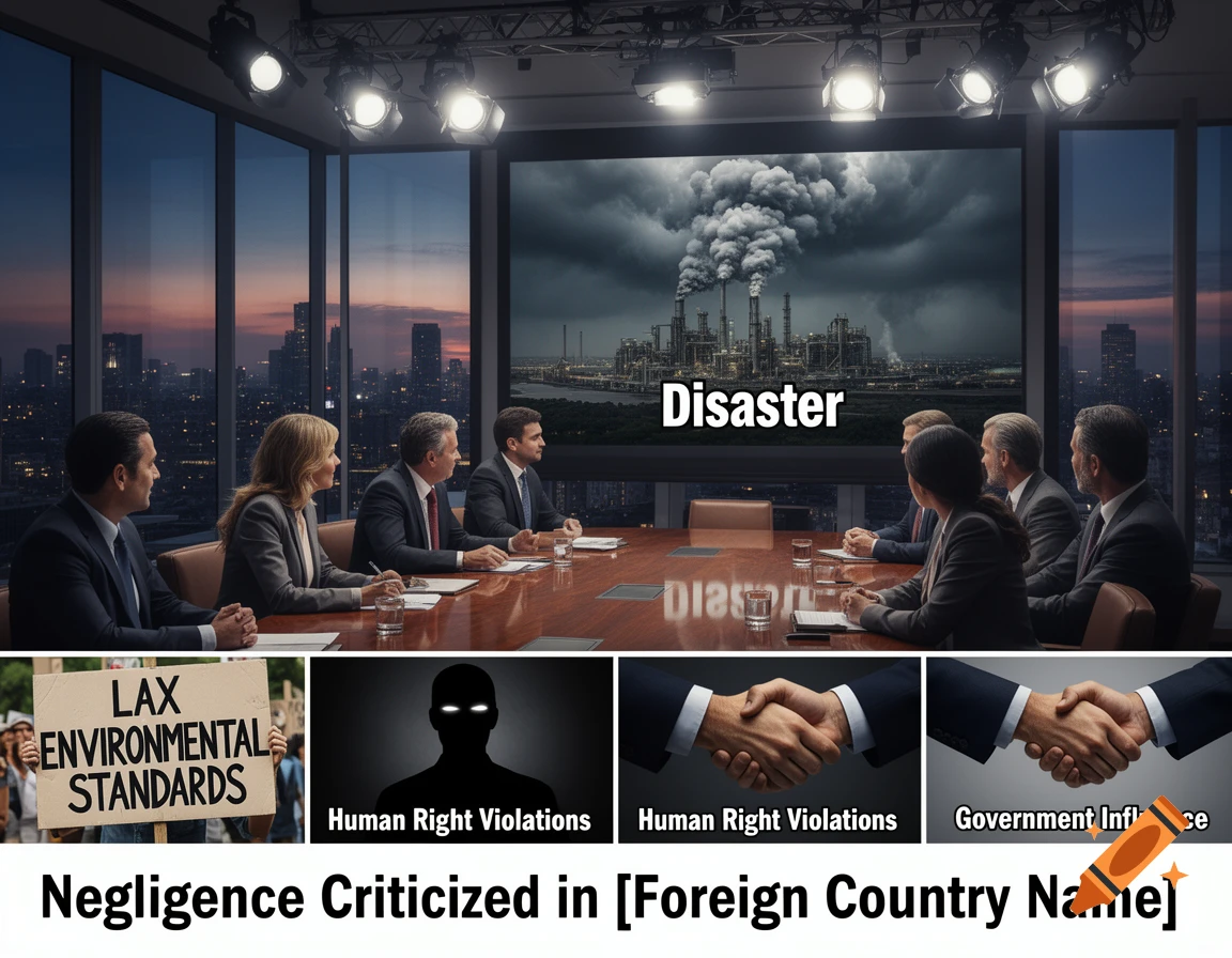 A corporate meeting with a screen showing an industrial disaster, surrounded by smaller panels depicting protests against environmental standards, human rights violations, and government influence.