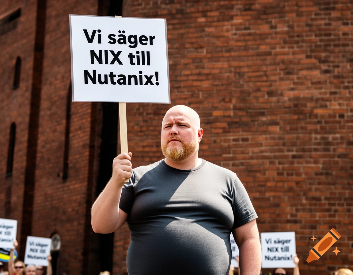 A bald man with a blond beard and a beer belly holds a sign saying 'Vi säger NIX till Nutanix!' during a protest in front of a brick building.