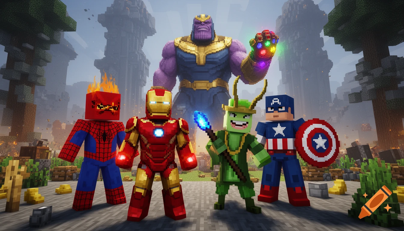 Five blocky Minecraft-style Marvel characters, including Thanos, Spider-Man, Iron Man, Loki, and Captain America, stand in a ruined world.