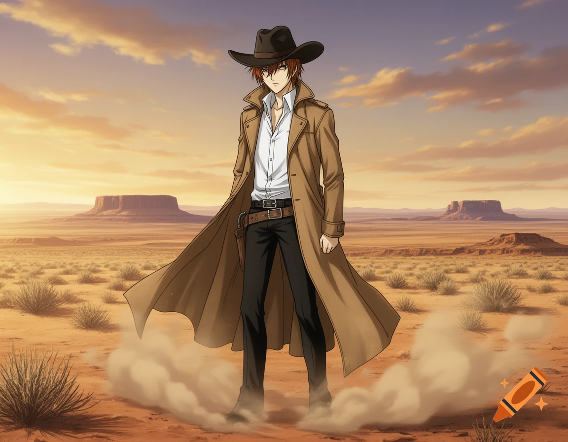 Anime cowboy in a brown trench coat and hat stands in a vast desert landscape with mesas and brush, kicking up dust.