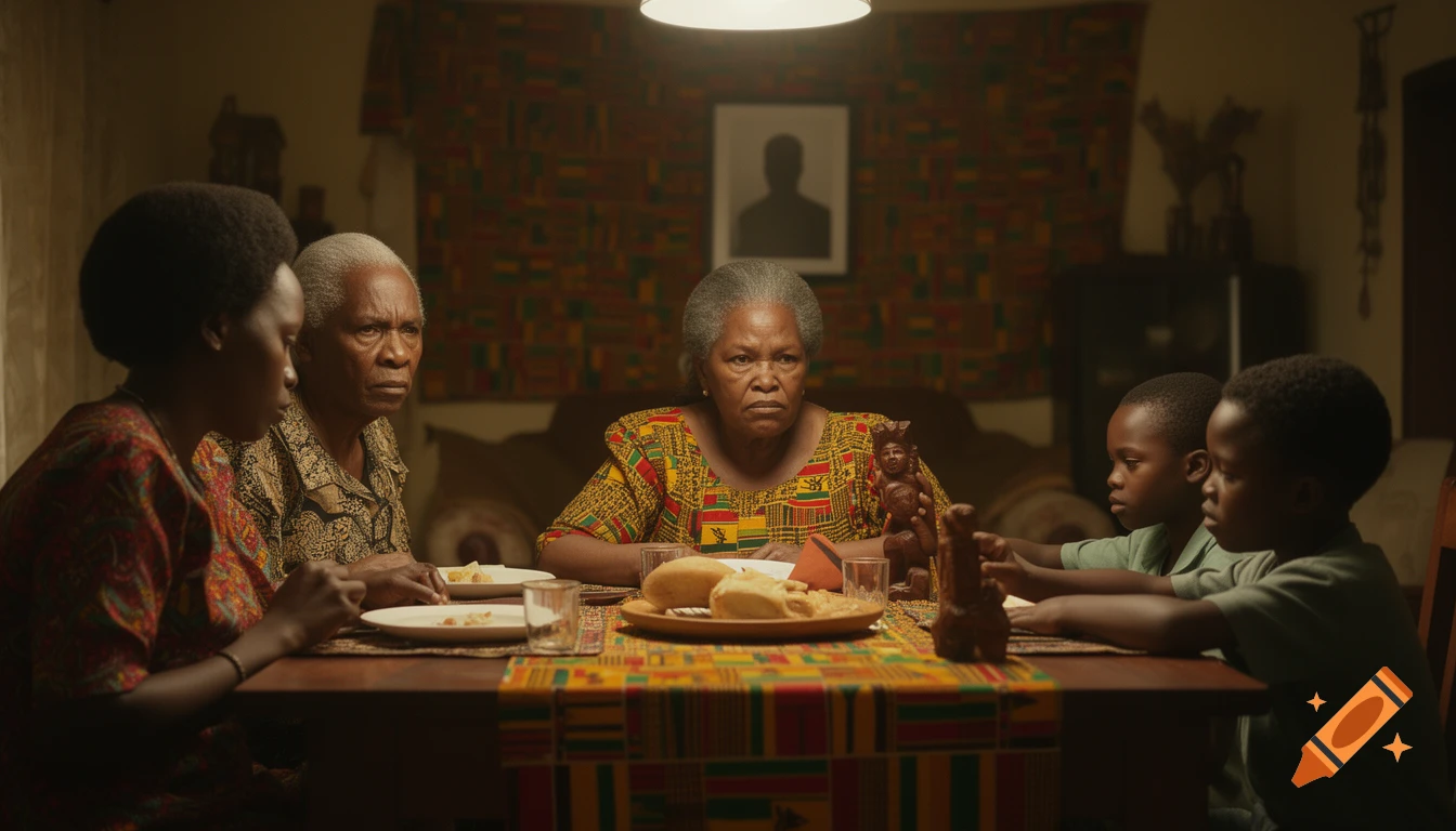 A Ghanaian family, including adults and children, gathers around a dining table in a dramatically lit home, a photorealistic scene.