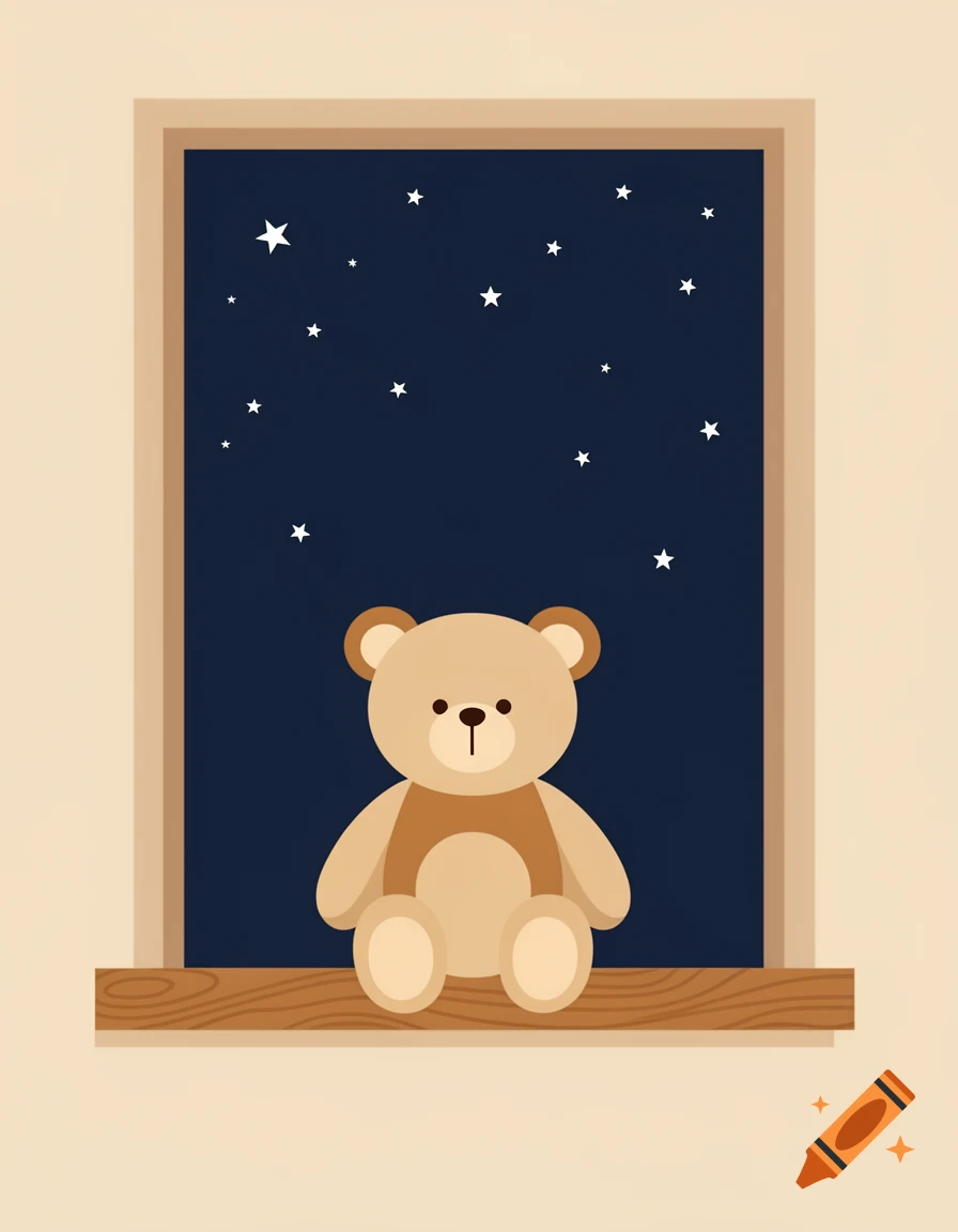 A simple illustration of a brown teddy bear sitting on a window sill, looking out at a dark blue night sky with white stars.