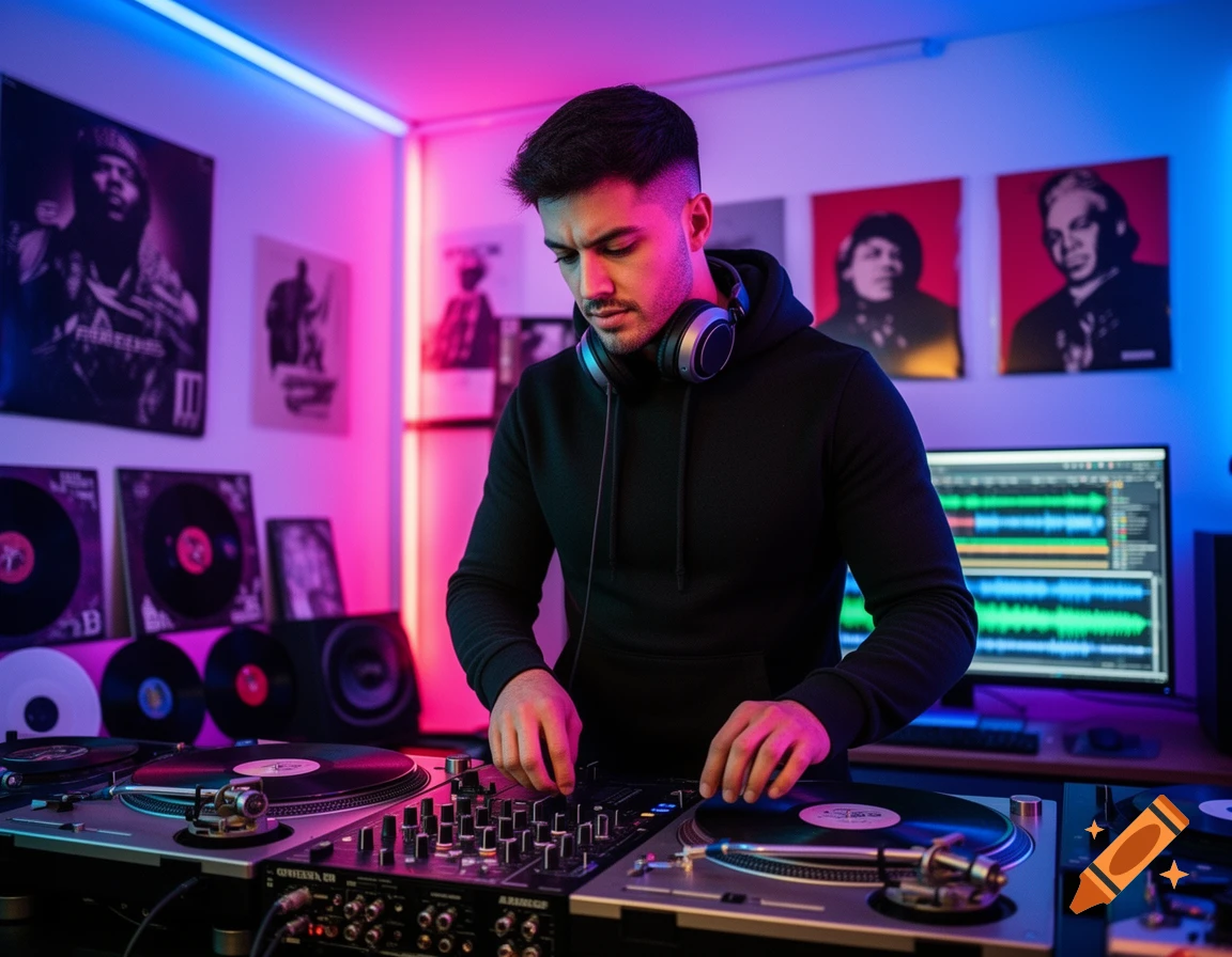 A young man wearing headphones around his neck mixes music on turntables and a mixer, surrounded by records and neon lights.