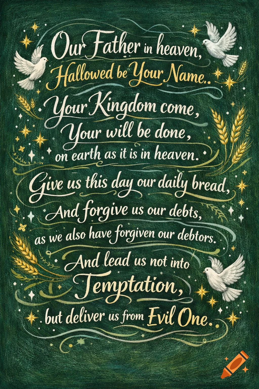 The Lord's Prayer written in white and gold script on a dark green ...