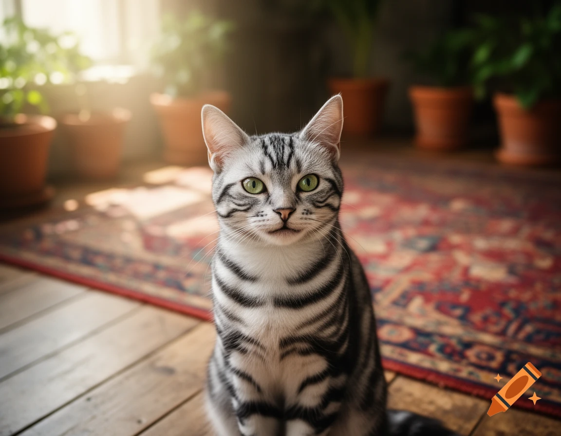 A photorealistic silver tabby cat with green eyes sits on a wooden floor bathed in sunlight, a colorful rug and potted plants in the background.