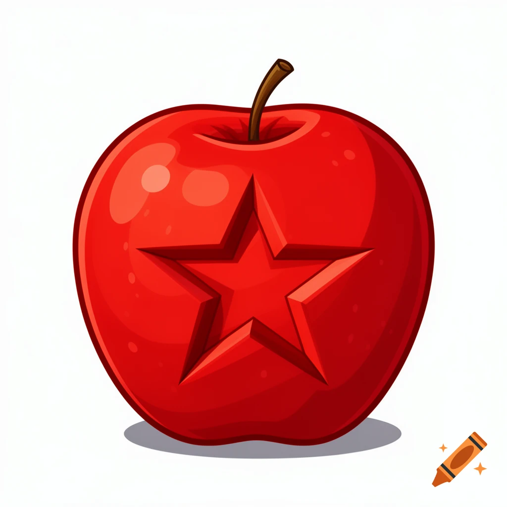A bright red apple with a six-pointed star carved into its surface in a vibrant, cartoony illustration style.