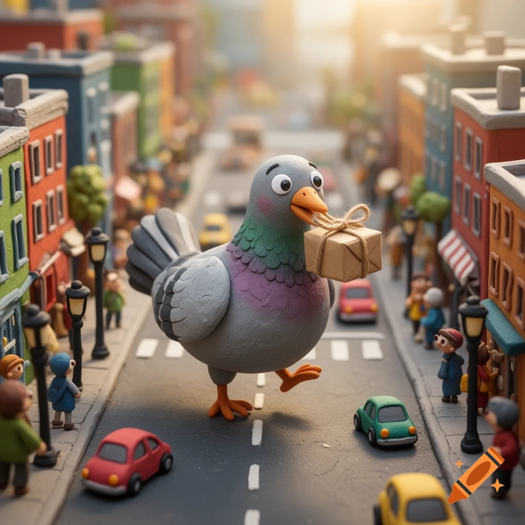 A charming claymation pigeon walks across a city street, carrying a small package tied with twine in its beak, with miniature buildings and cars in the background.