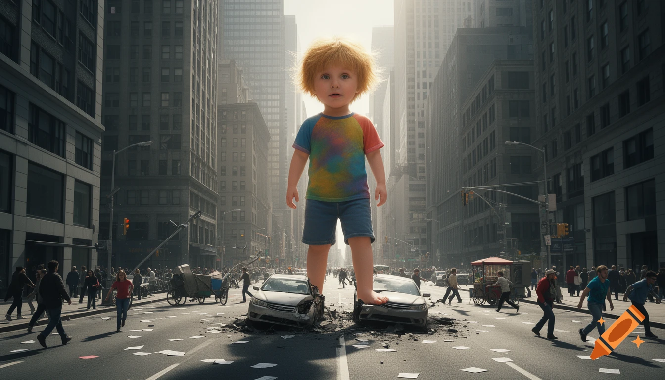 A giant baby in a colorful shirt stands on cars in a busy city street, crushing them, while people scatter in the background. Photorealistic.
