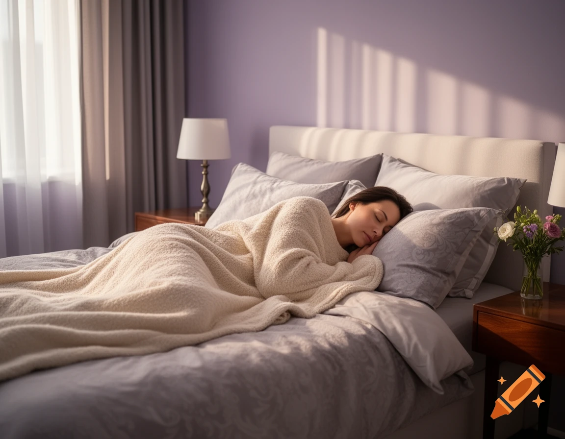 A woman sleeps soundly in a comfortable bed in a bedroom with sunlight filtering through the window.