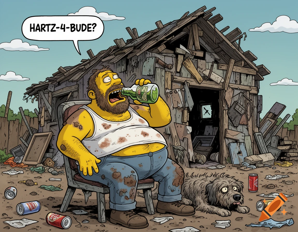 A cartoon man with yellow skin, a beard, and a large belly, wearing a dirty tank top, sits on a broken chair drinking beer. Behind him is a rundown shack made of scrap wood and trash. A scruffy dog lies next to him. Empty beer cans and litter are scattered on the ground. A speech bubble above the man says "HARTZ-4-BUDE?"