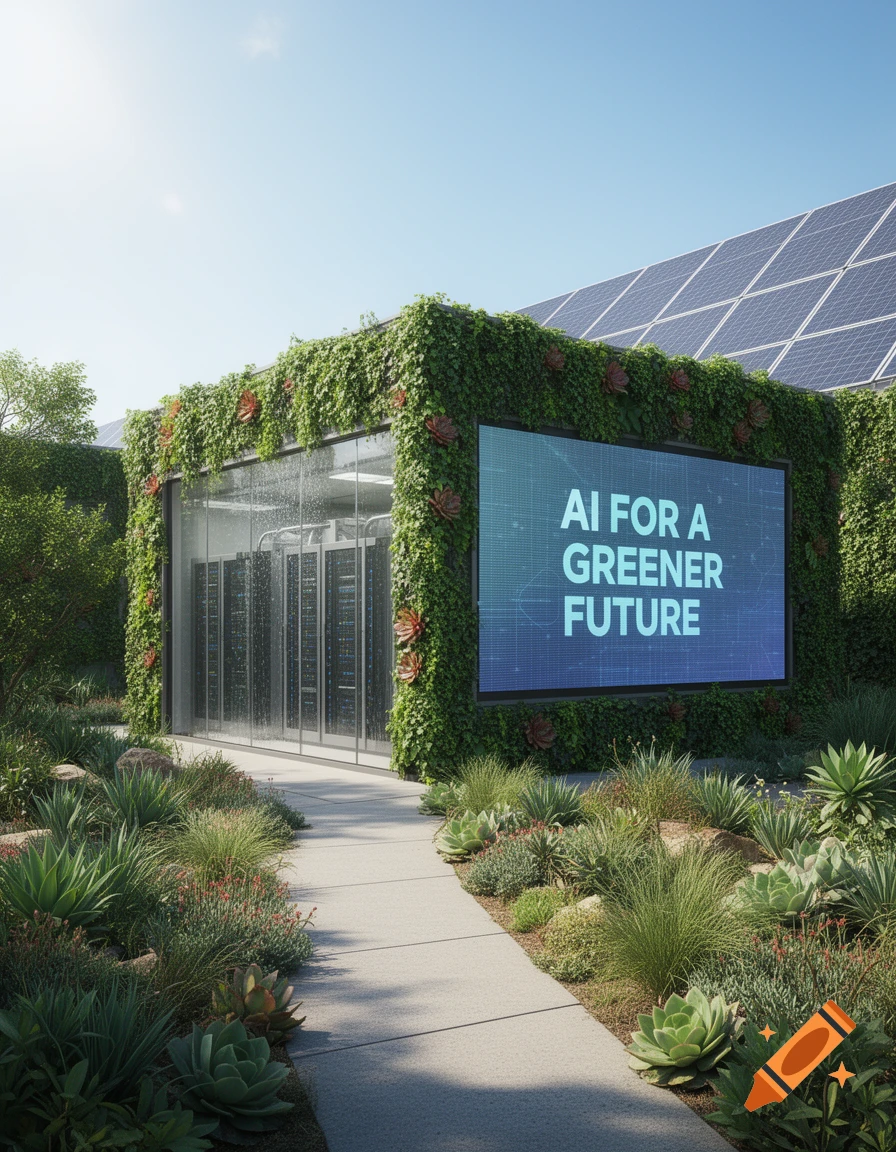 Photorealistic view of a green building with solar panels and a screen displaying 'AI FOR A GREENER FUTURE', surrounded by lush landscaping.