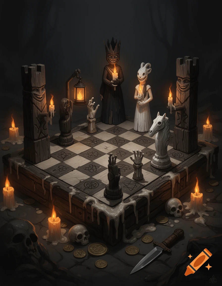 A dark, eerie, candlelit chessboard with stylized, grotesque chess pieces, skulls, coins, and a dagger, digital painting.