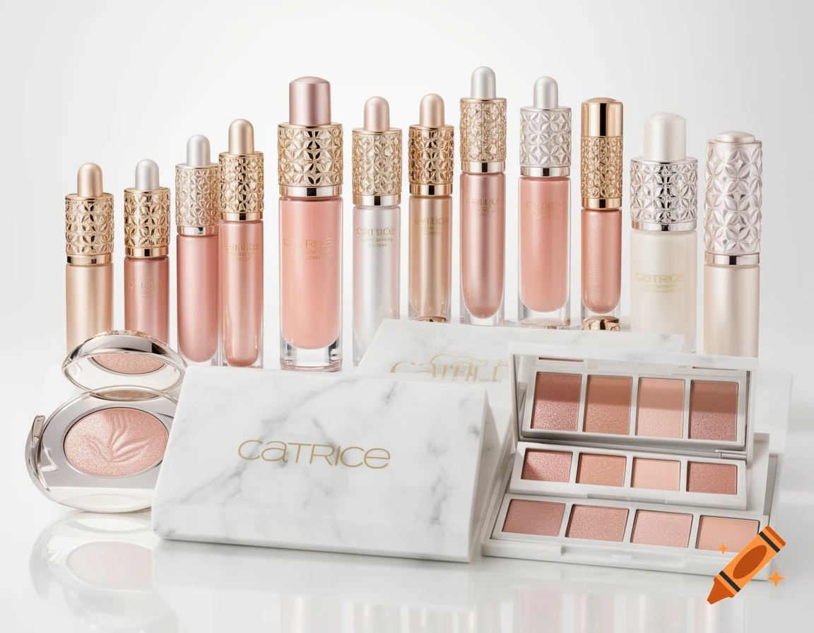 Collection of luxury Catrice brand cosmetics: rose gold glass bottles, marble palettes with shimmering highlighters & eyeshadows. Photorealistic.