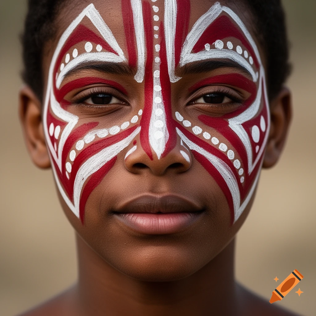 Close-up portrait of a person with intricate red and white face paint in a tribal pattern.