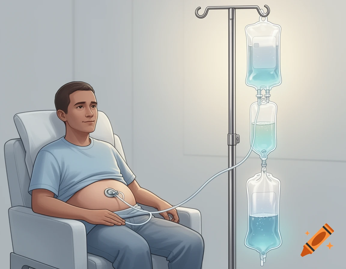 An illustration of a man sitting in a chair, receiving peritoneal dialysis with an abdominal catheter connected to IV bags on a stand.