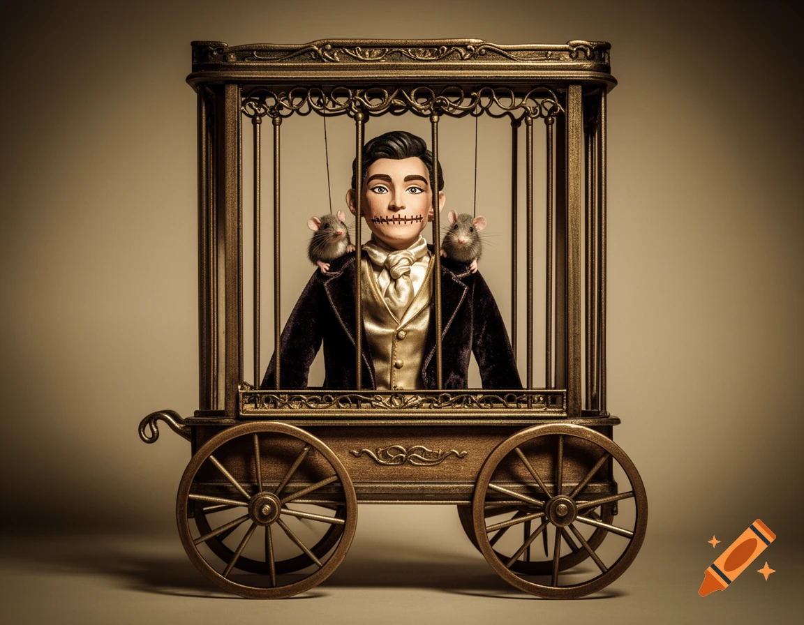 A dandy marionette with a sewn mouth sits in an ornate cage on a vintage trolley, two mice on his shoulders.